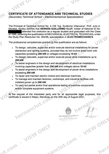 Certificate of Studies – Electromechanical Technician